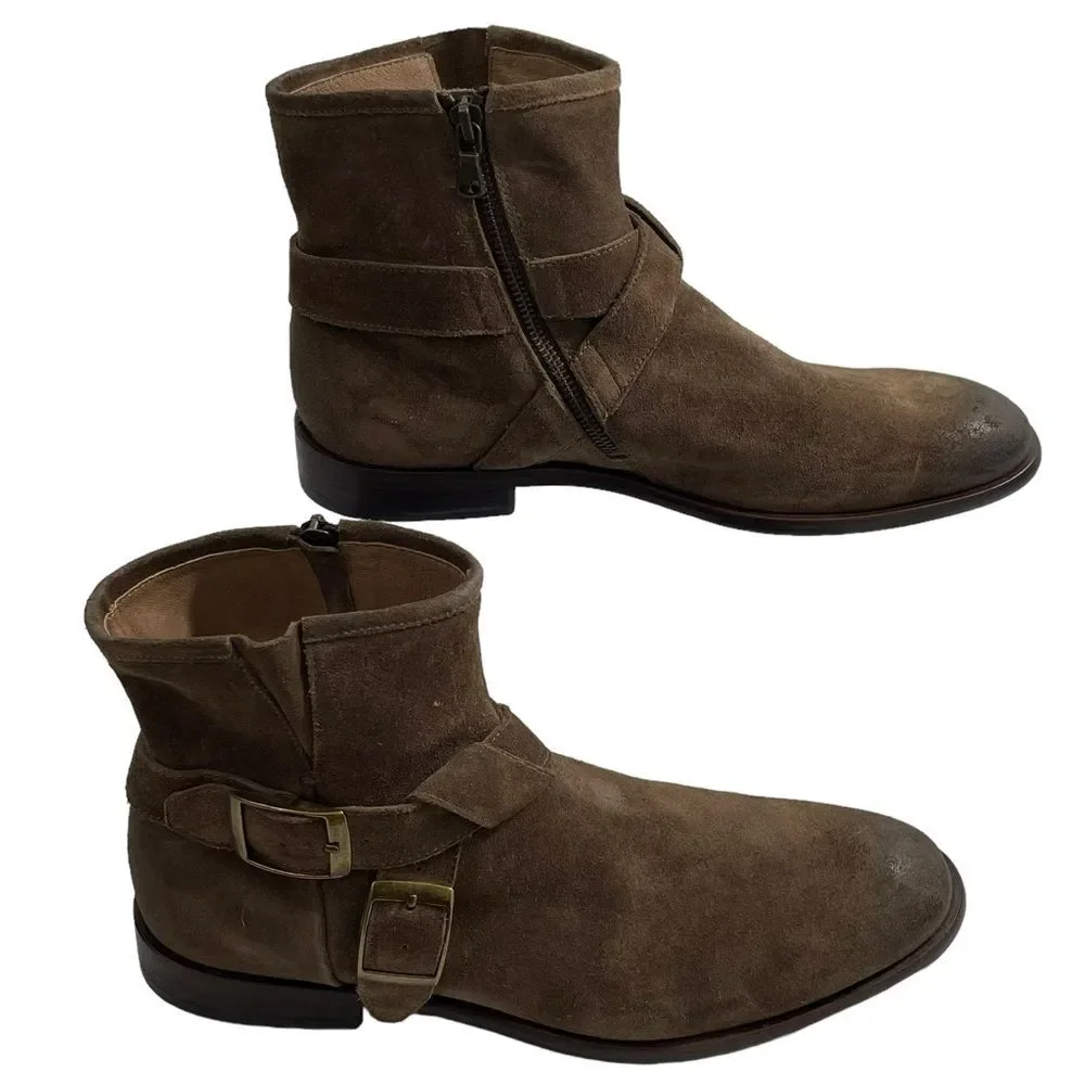 John Varvatos Taupe Brown Suede Double-Buckle Ankle Boots